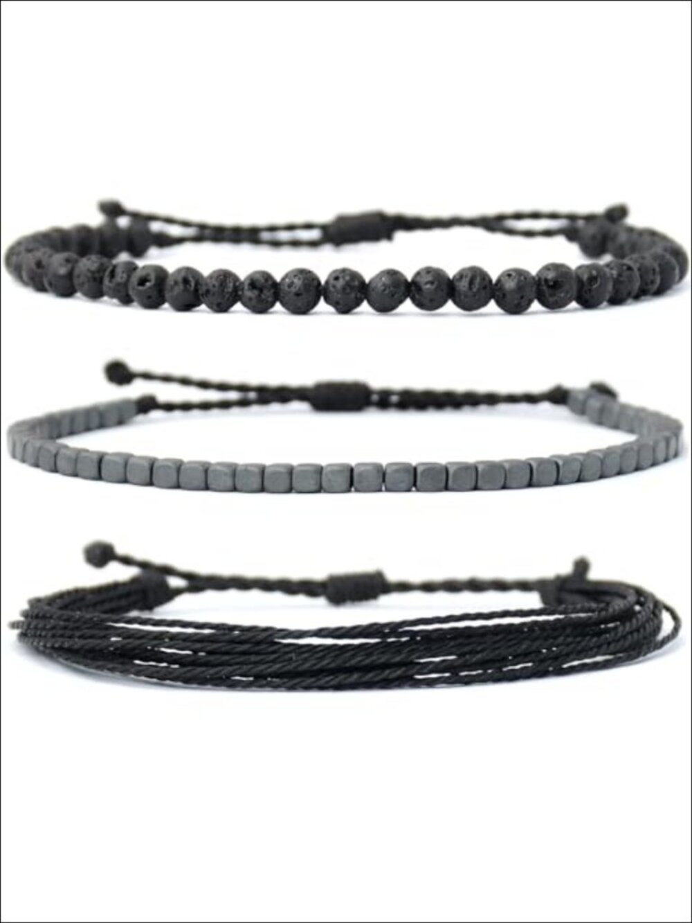 Mezcla Vida Lava Rock Hematite Beaded Bracelets Set of 3 Adjustable Waterproof